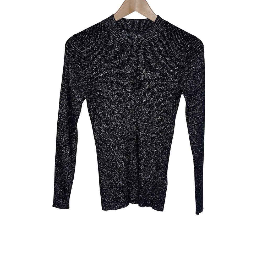 Ted Baker London Metallic Rib Knit Sweater Black Silver Mock Neck Womens 1 Small